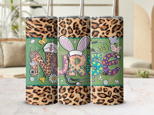 Tumbler with leopard print and "Nurse" text surrounded by butterflies and flowers.