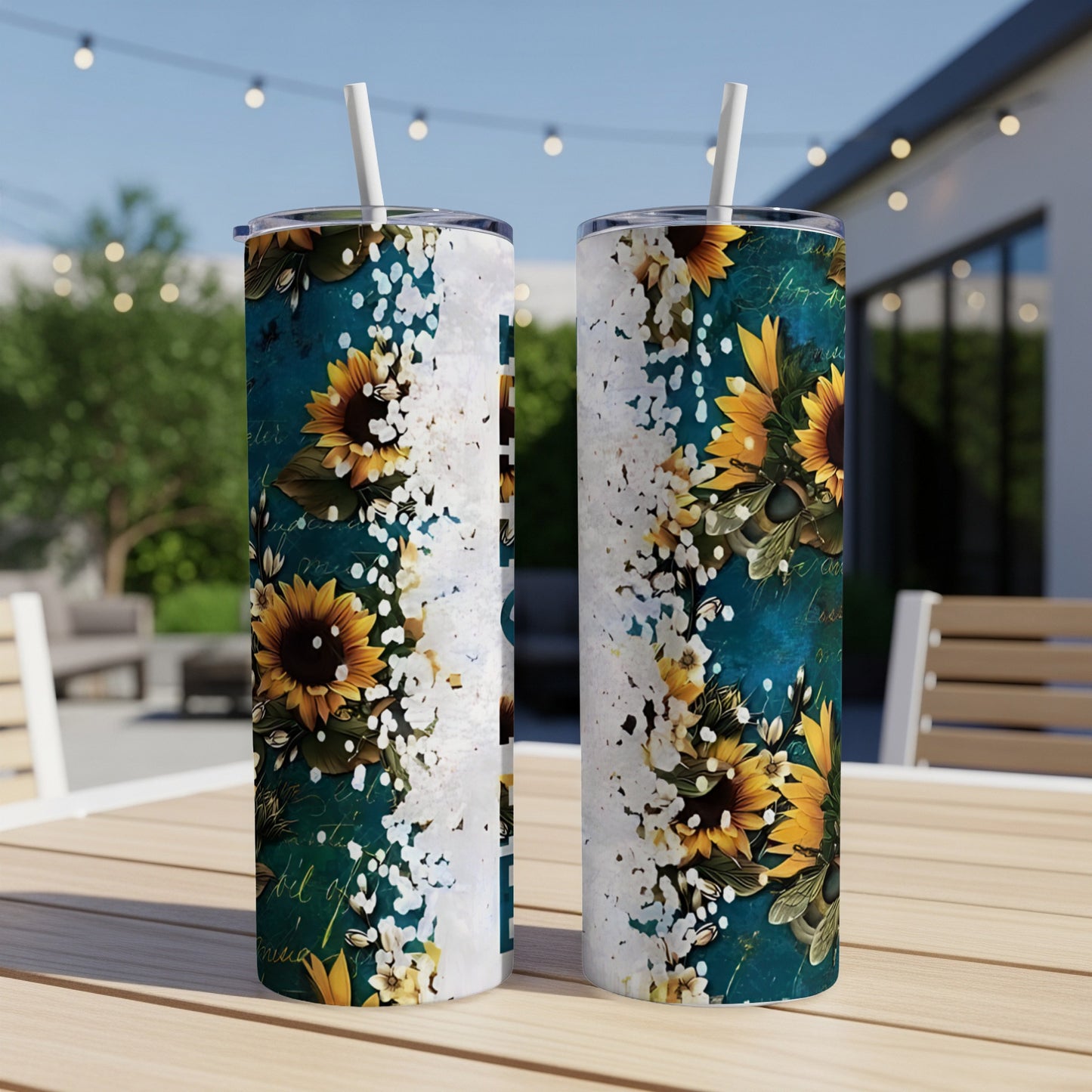 Two tumblers with sunflowers and floral details on a teal background.