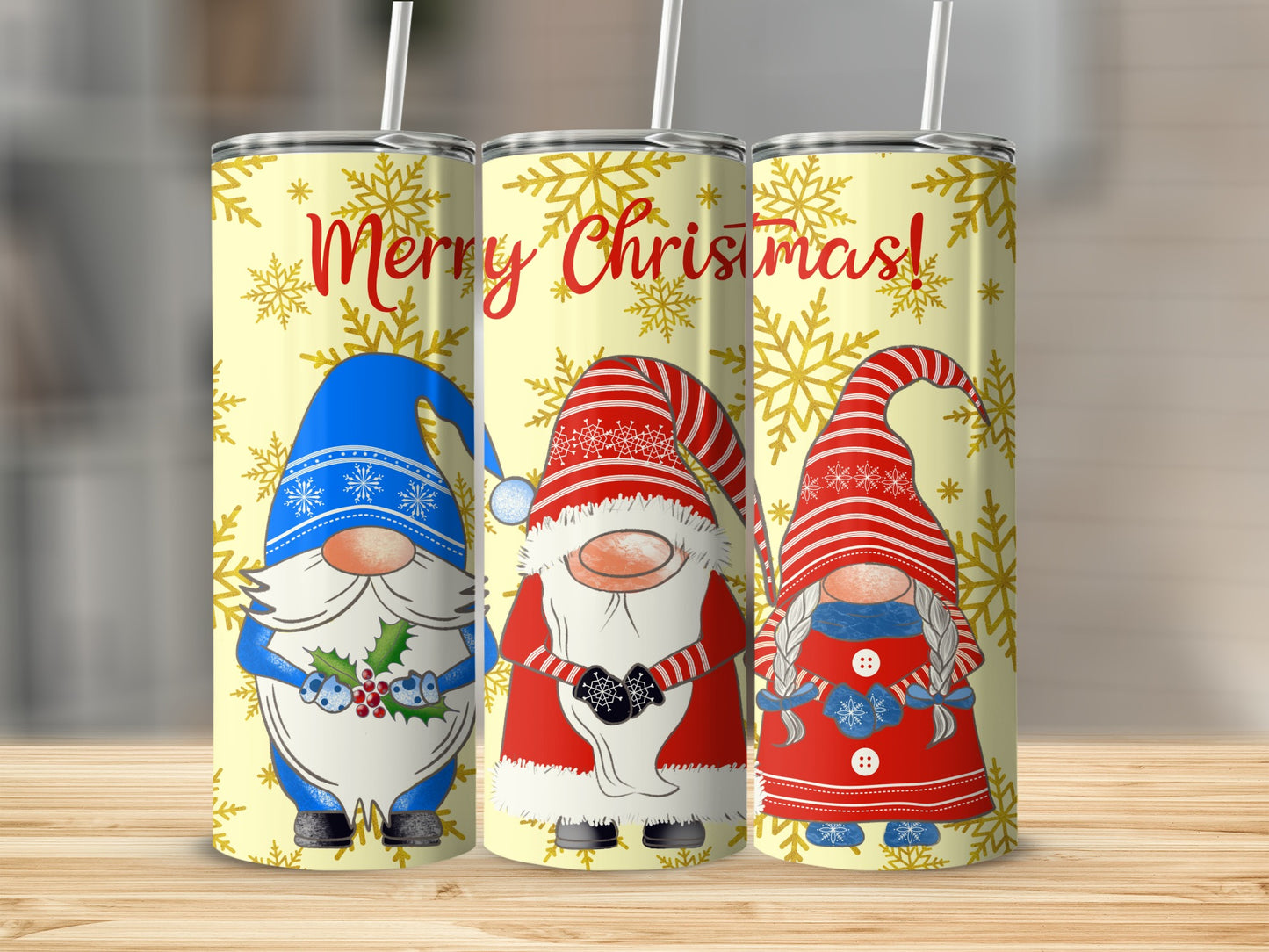 Three Christmas gnomes with snowflakes and "Merry Christmas" text.