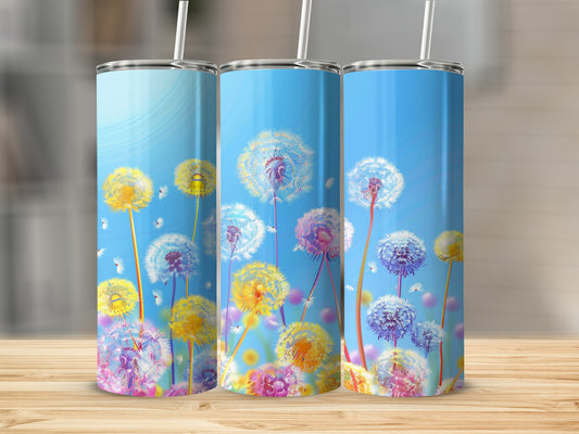 Three tumblers with dandelion seed heads on a bright blue sky background.