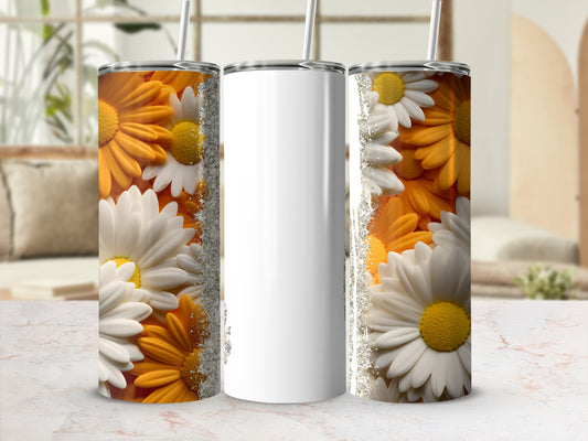 Two tumblers with orange and white daisies and glitter.