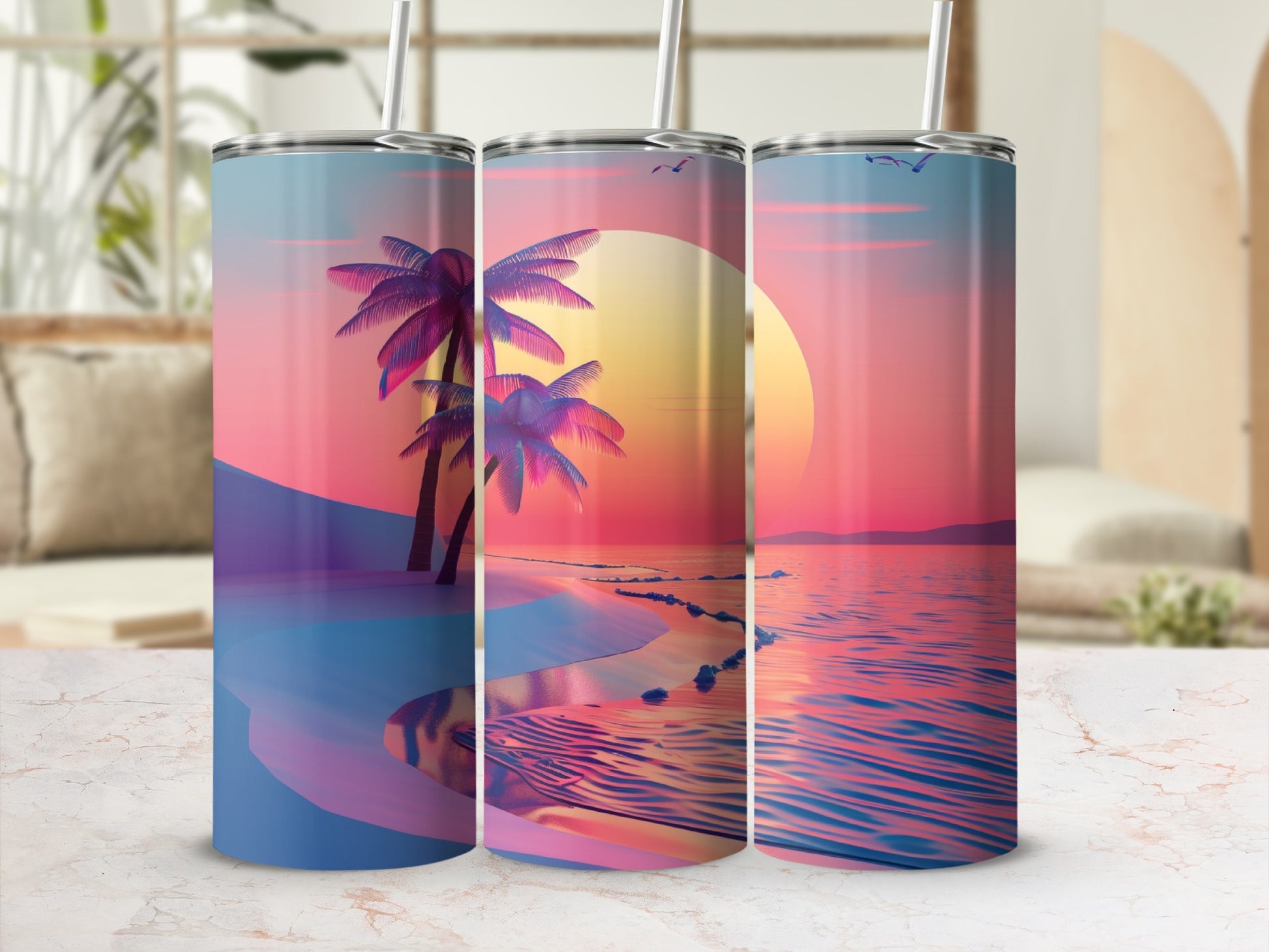Ocean sunset with palm trees on a cylindrical tumbler design.