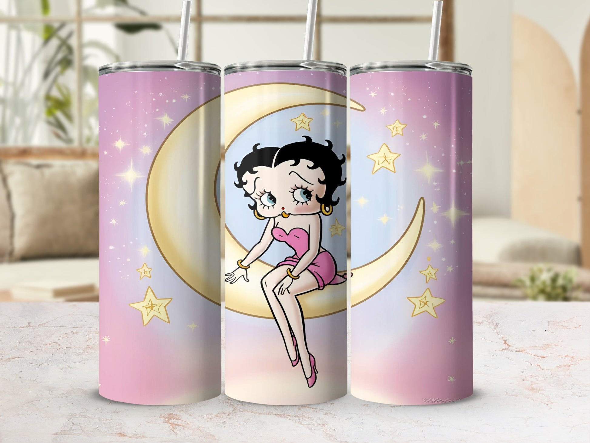 Betty Boop sitting on a crescent moon with stars, pink background.