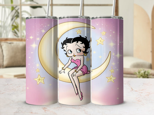 Betty Boop sitting on a crescent moon with stars, pink background.