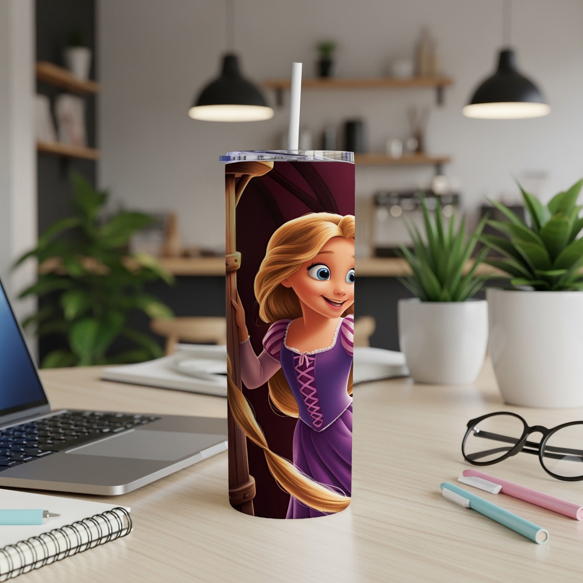 Rapunzel in a purple dress on a tumbler, leaning against a braid.