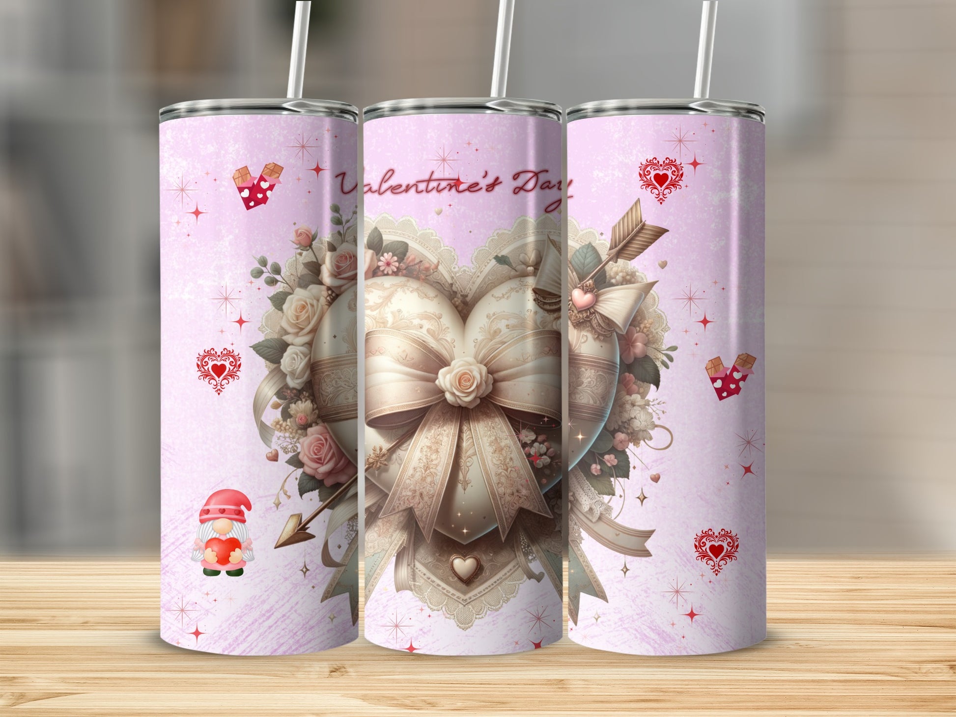 Valentine's Day Heart Decorated Tumbler with Cute Illustrations