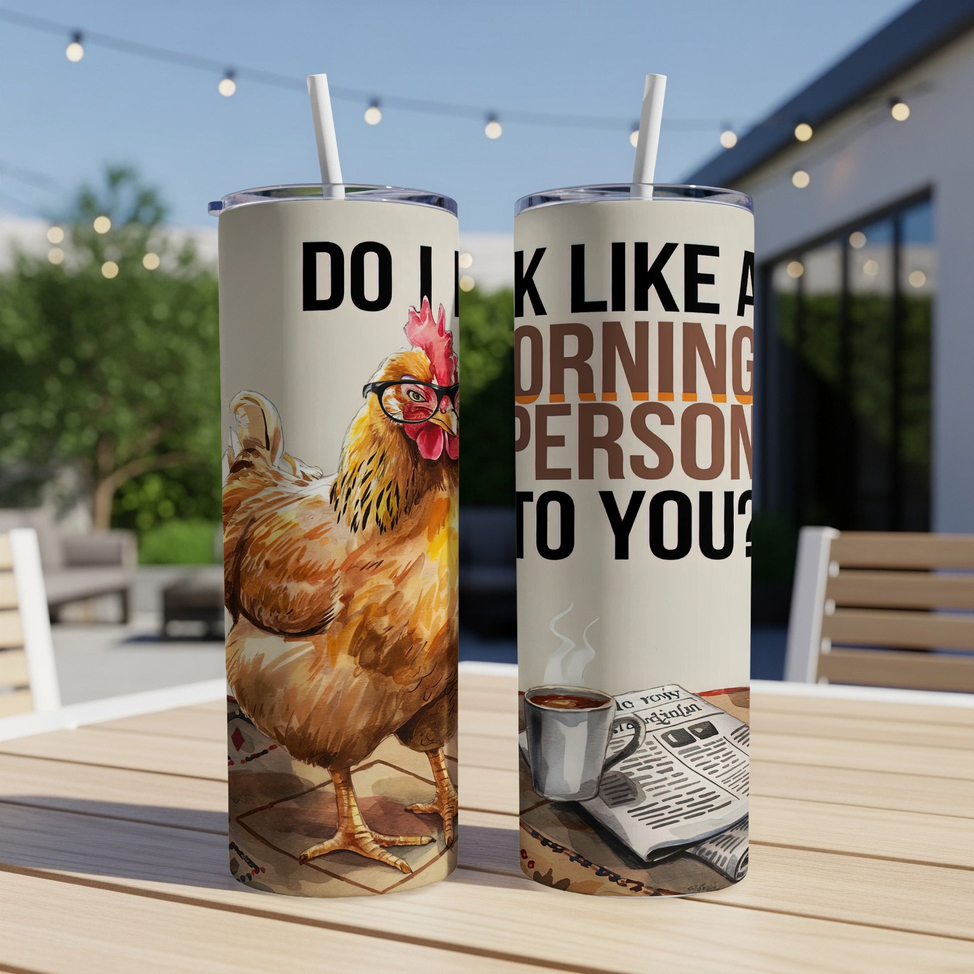 Chicken wearing glasses with text "Do I look like a morning person to you?"