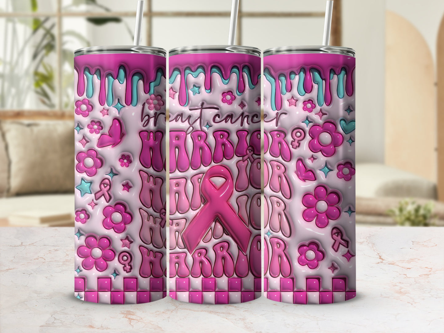 Pink breast cancer warrior tumbler with flowers and ribbons.