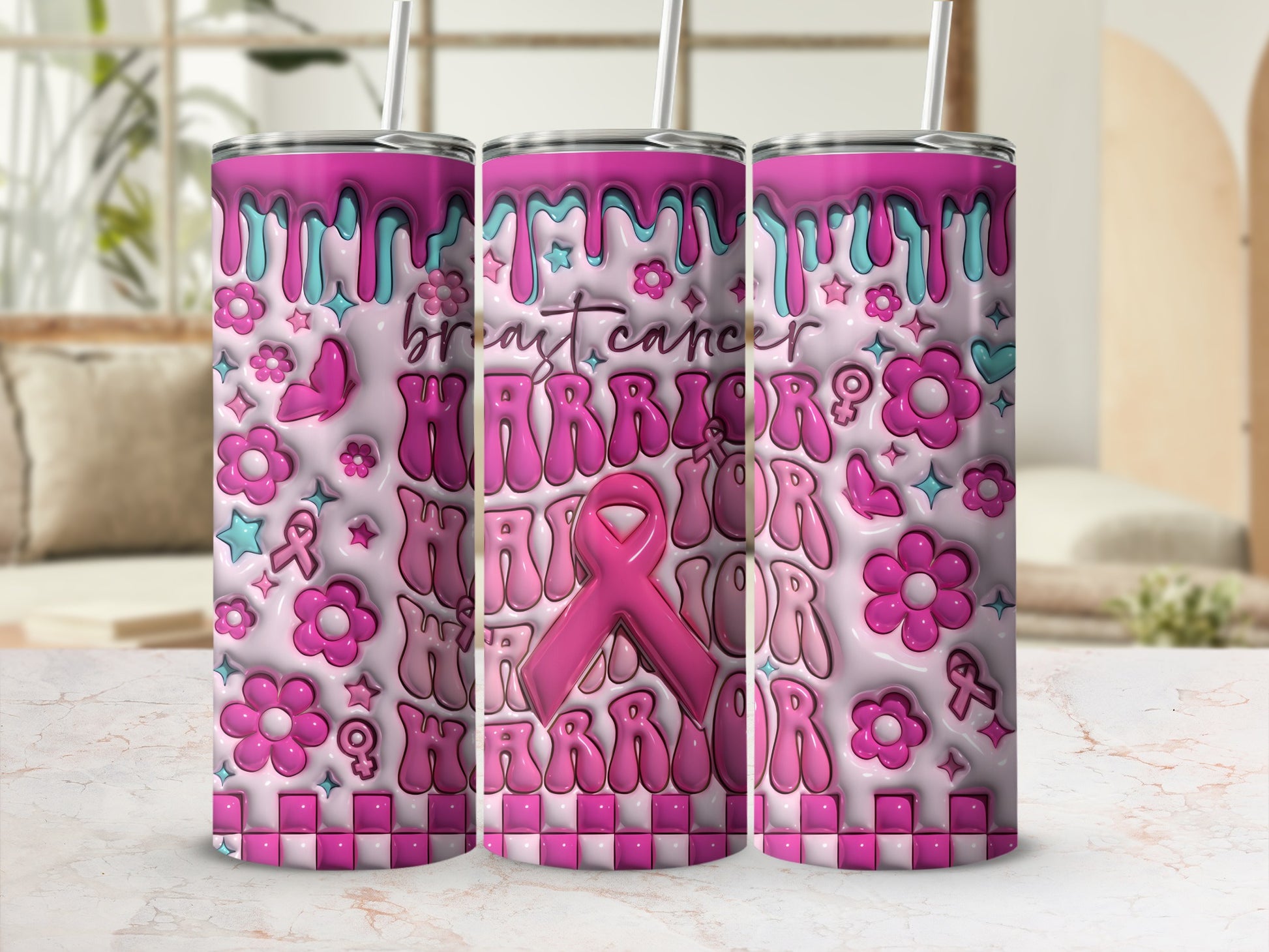 Pink breast cancer warrior tumbler with flowers and ribbons.