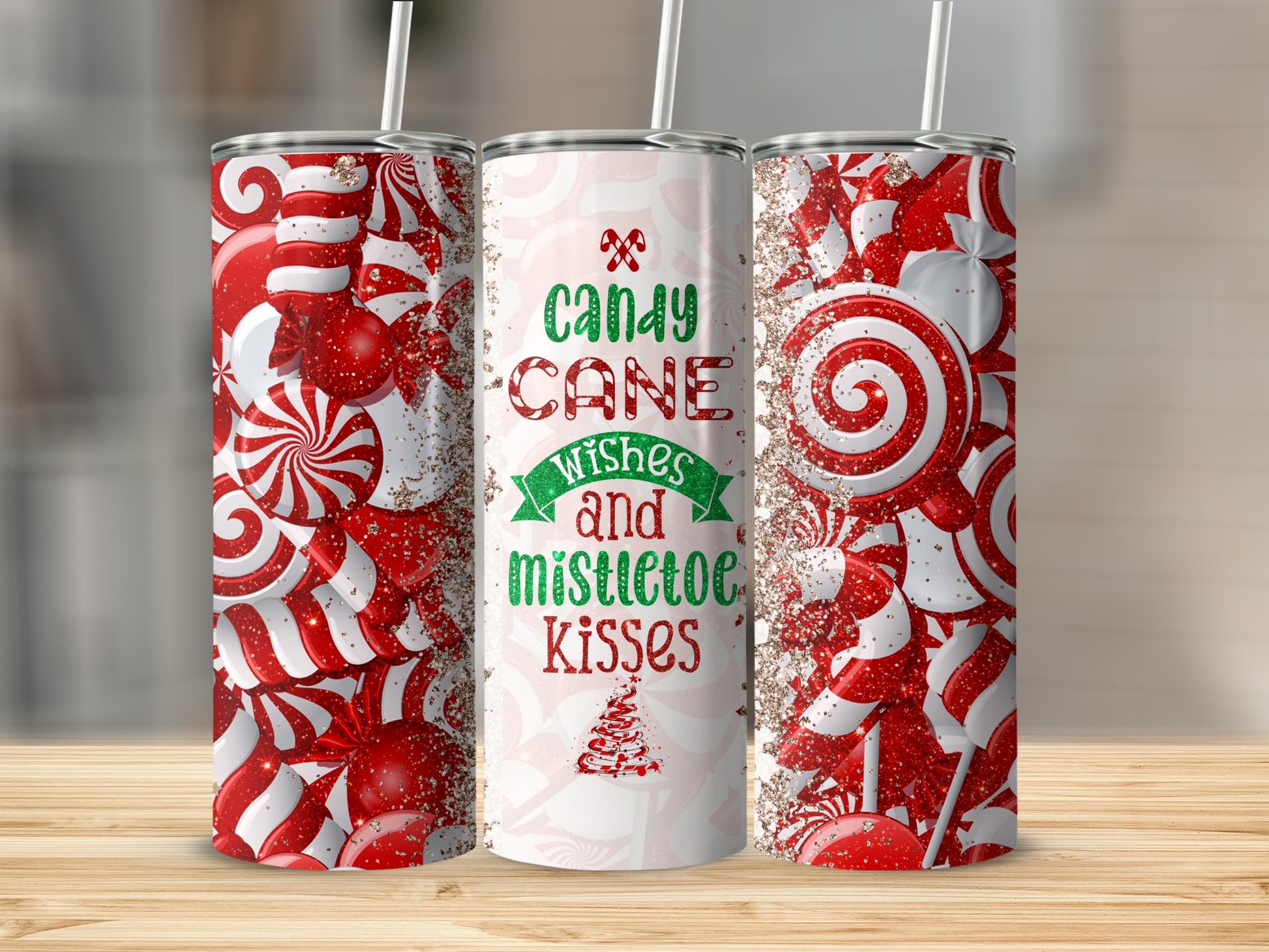 Candy cane wishes and mistletoe kisses tumbler with festive holiday candy patterns.