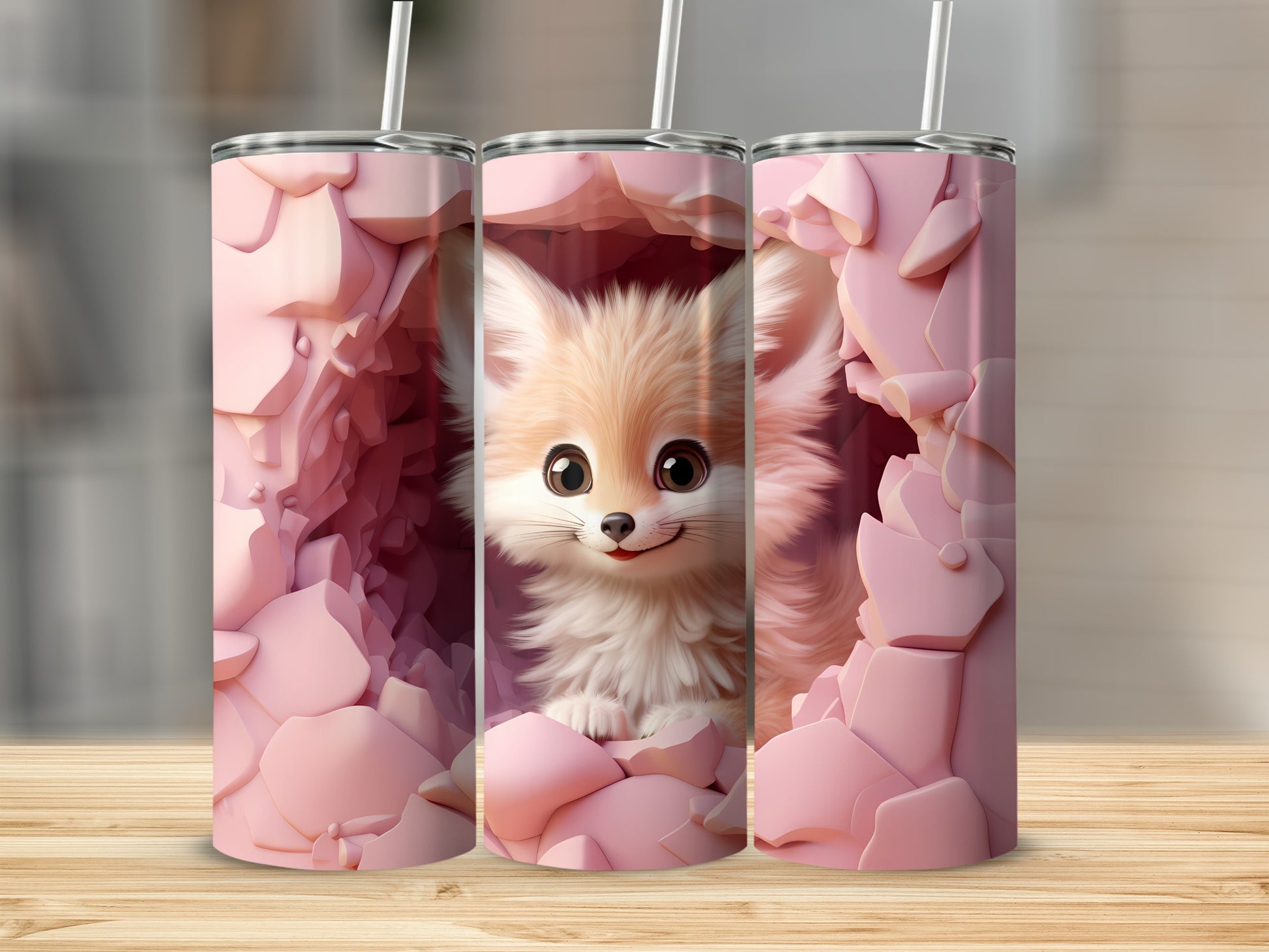 Cute Fox Face in Pink Background Custom Tumbler