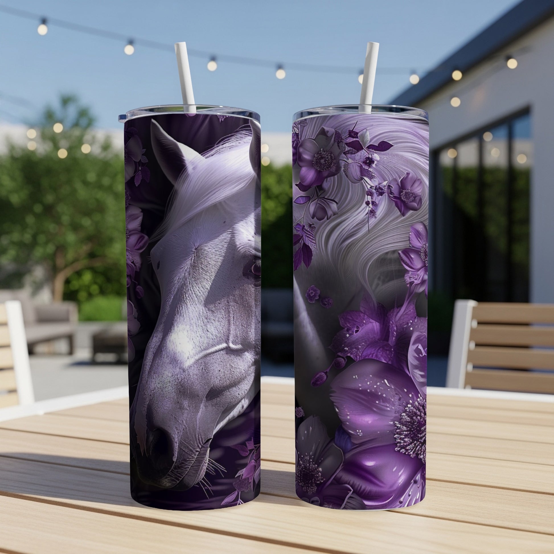 Purple horse and floral art on two white tumblers on a table.