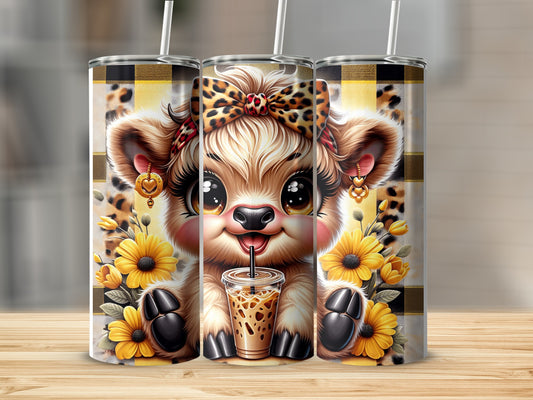 Cute cow with sunflowers and coffee cup, on plaid background tumbler.