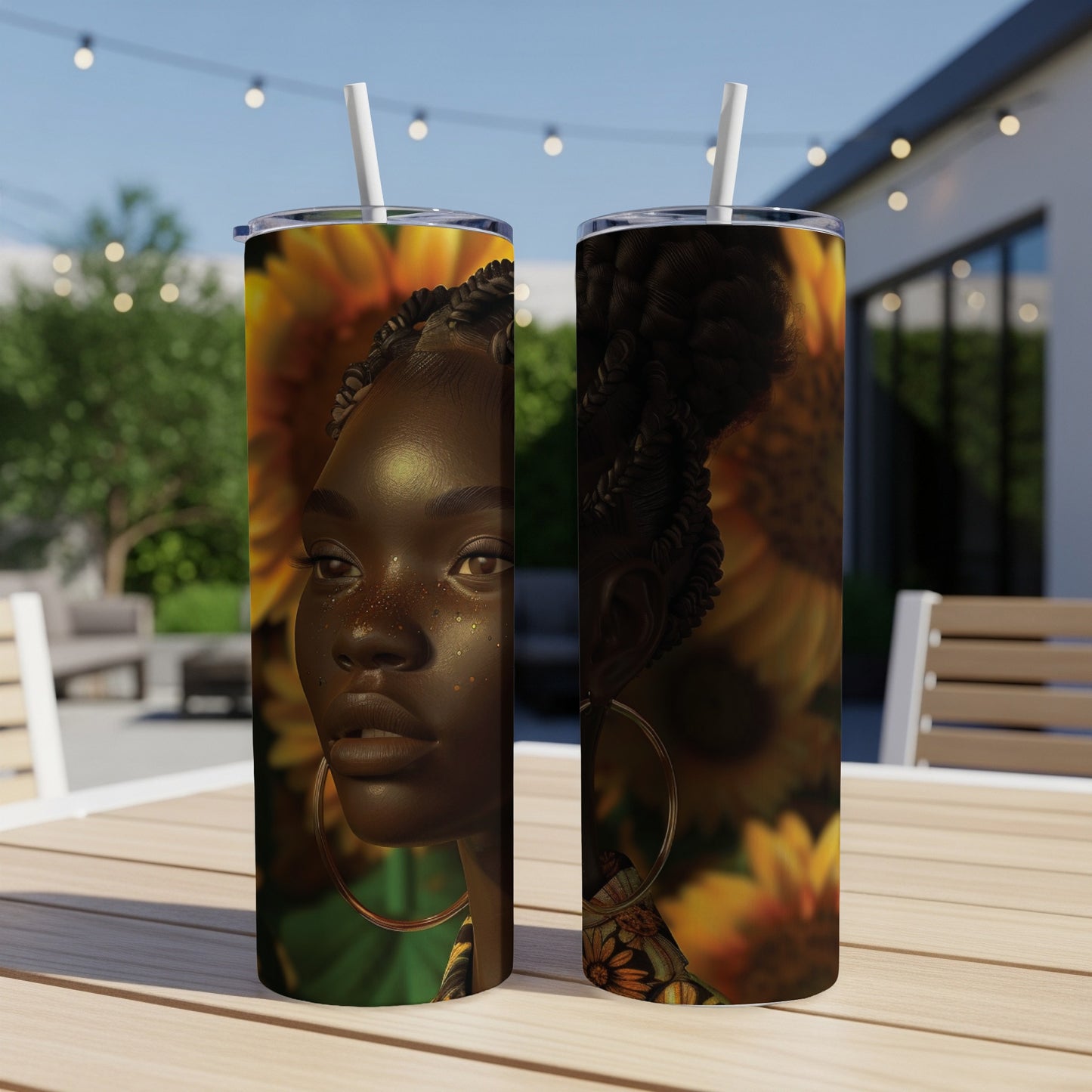 Tumbler with close-up of a Black woman's face and sunflowers.