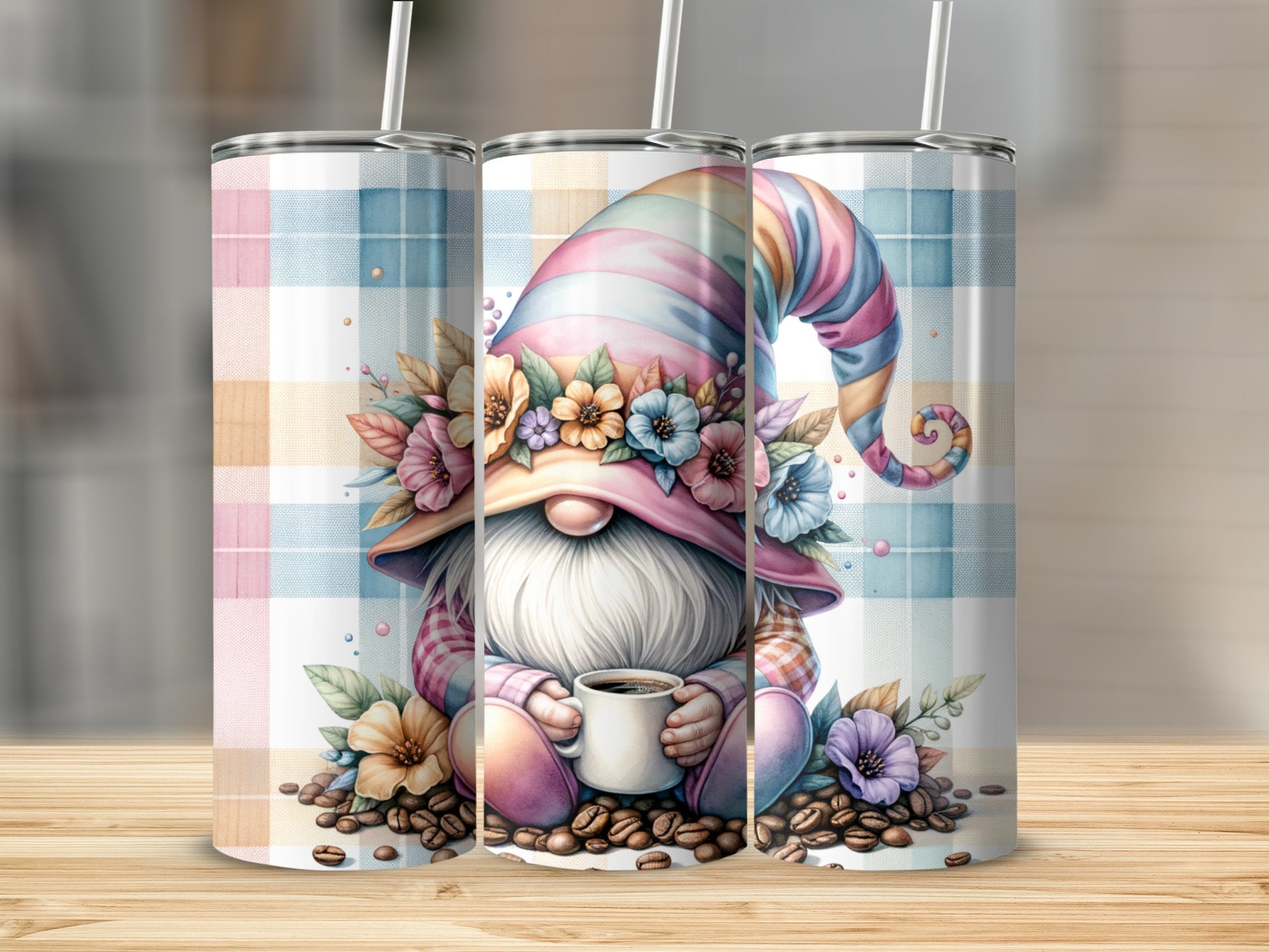 Gnome with colorful striped hat holding coffee mug surrounded by flowers and coffee beans.