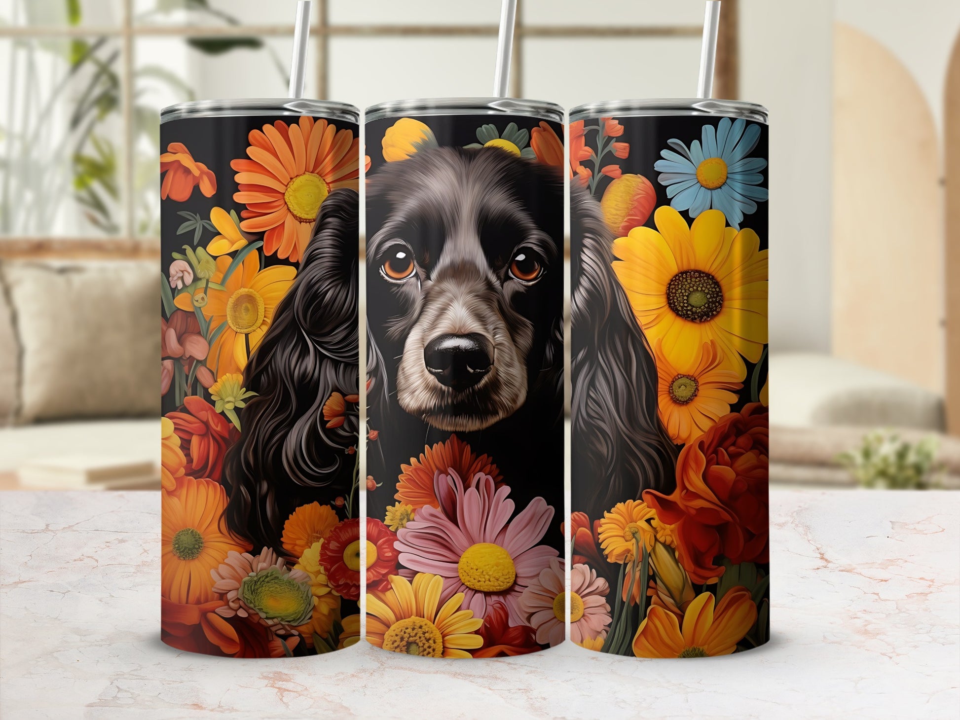 Black dog portrait surrounded by vibrant orange and yellow flowers on a tumbler.