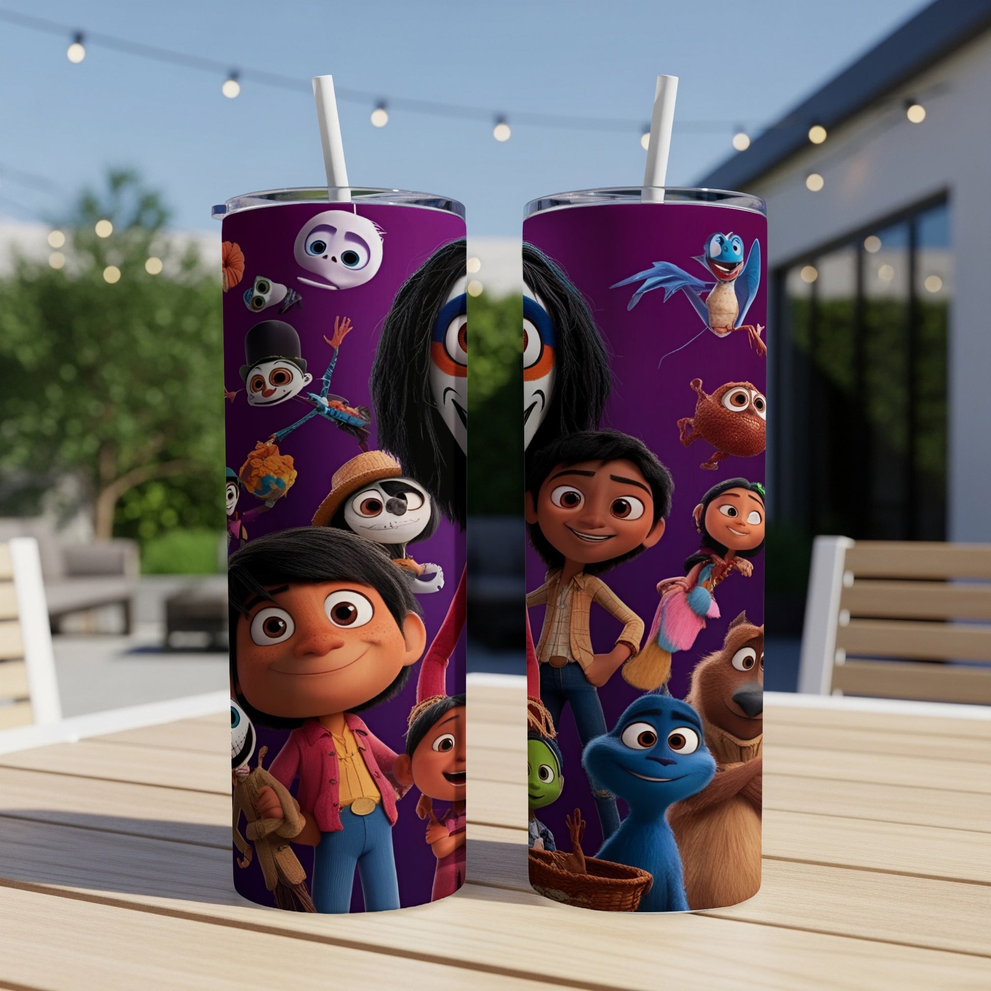 Animated characters from a children's movie on two purple tumblers.
