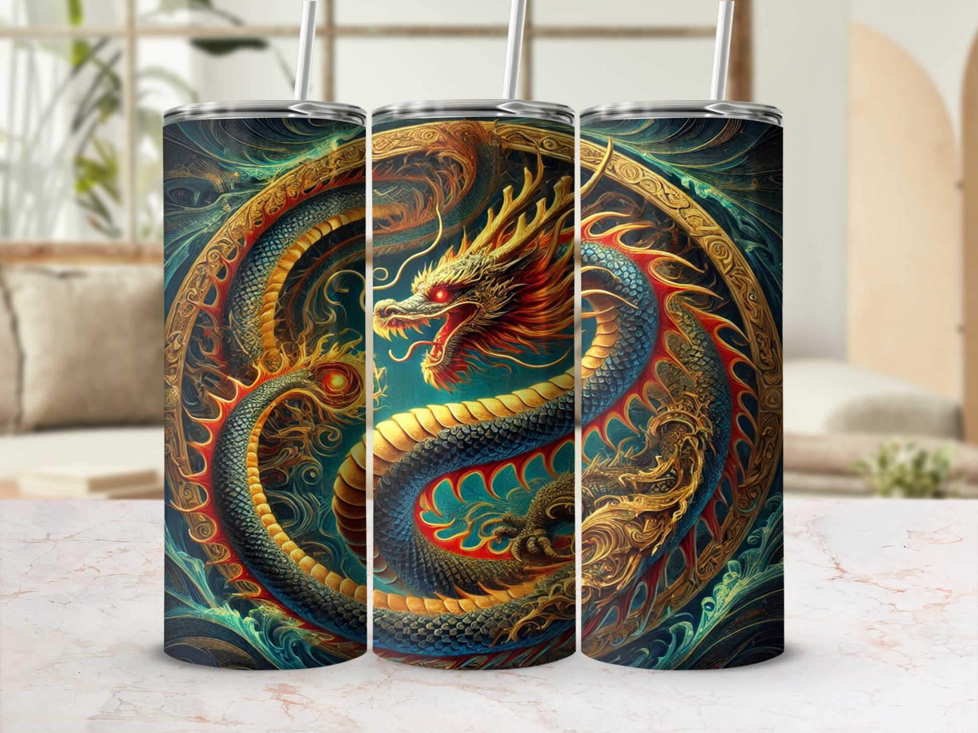 Dragon Design Stainless Steel Tumbler with Straw
