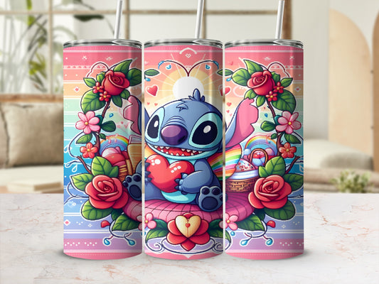 Stitch holding a heart with rainbow and floral accents, repeated three times.