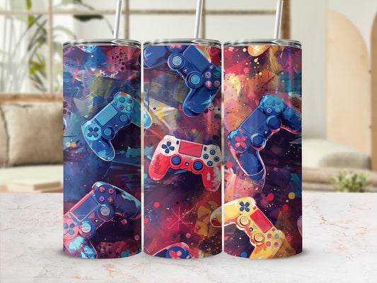 Gaming controllers on a colorful, abstract, paint-splattered background.