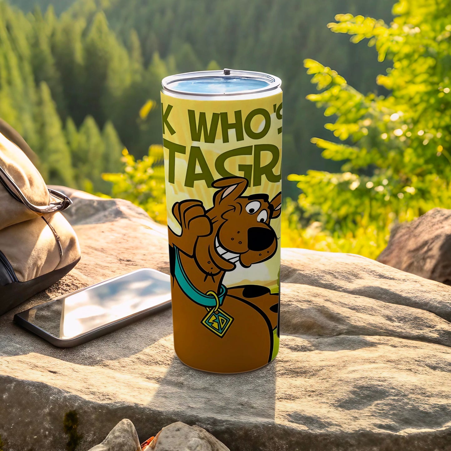 Scooby-Doo graphic tumbler with "Who's Who?" text.