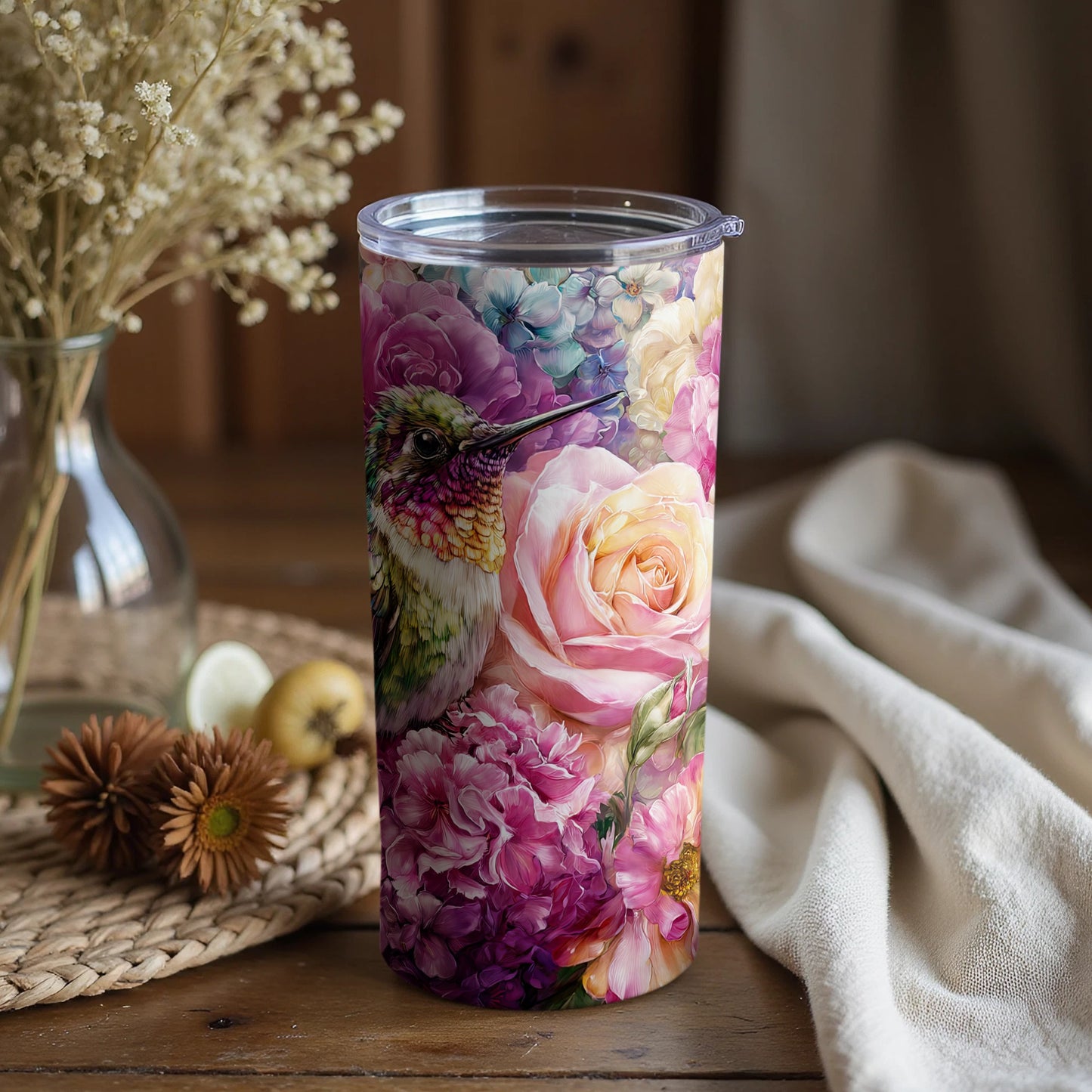 Hummingbird and Floral Designed Tumbler Cup