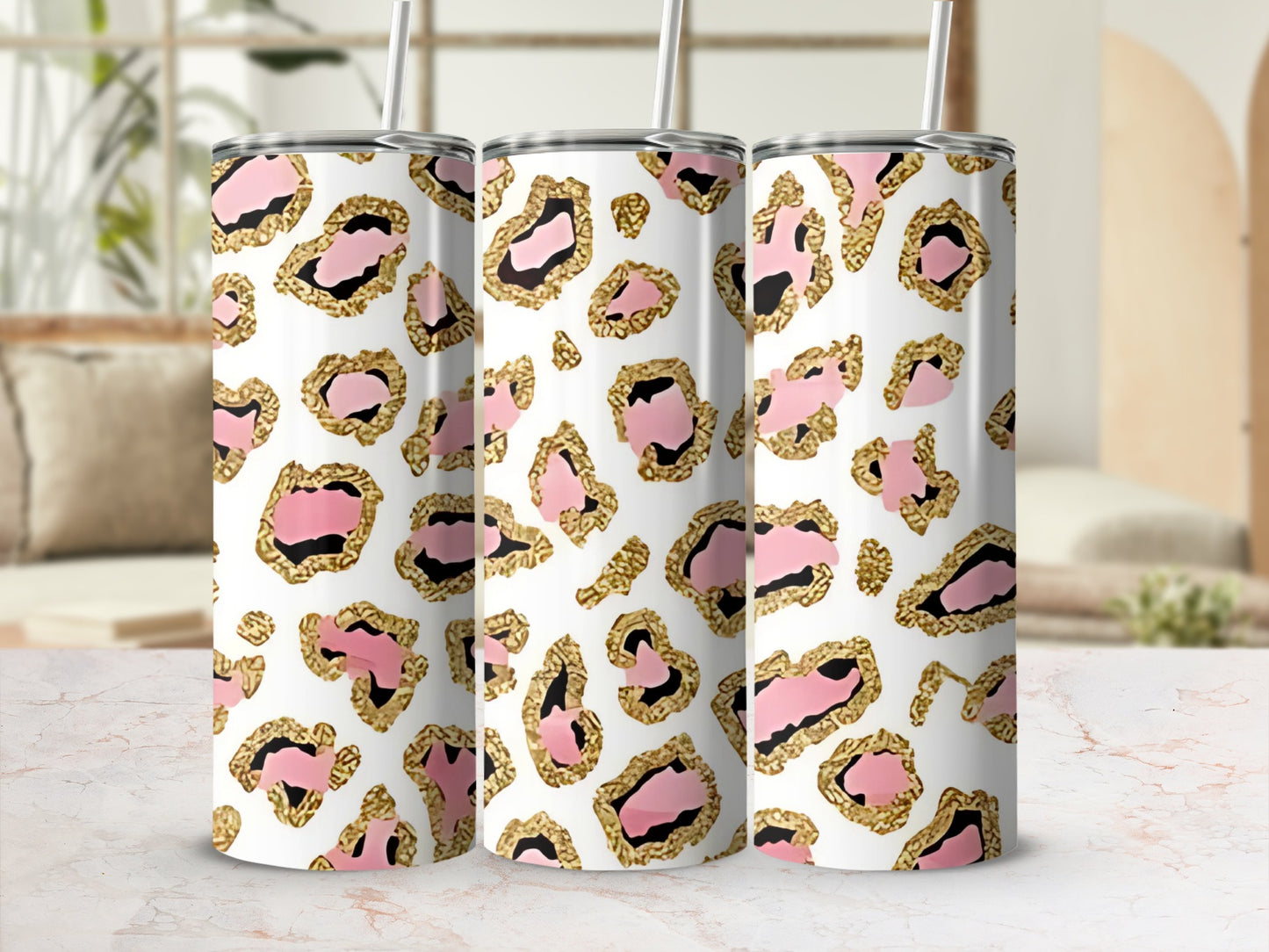 Pink and Gold Leopard Print Skinny Tumbler Cup