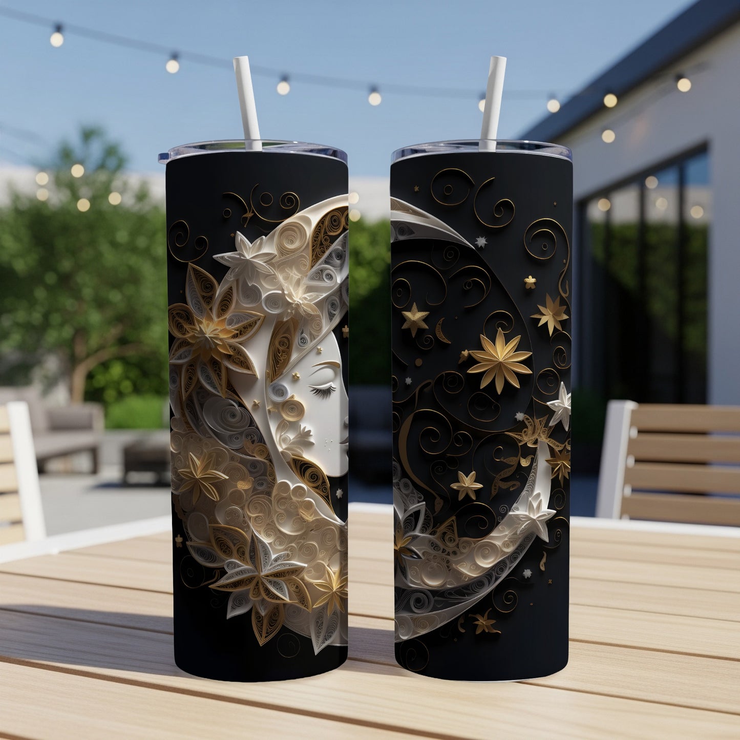 Black tumbler with celestial moon face and gold star design.