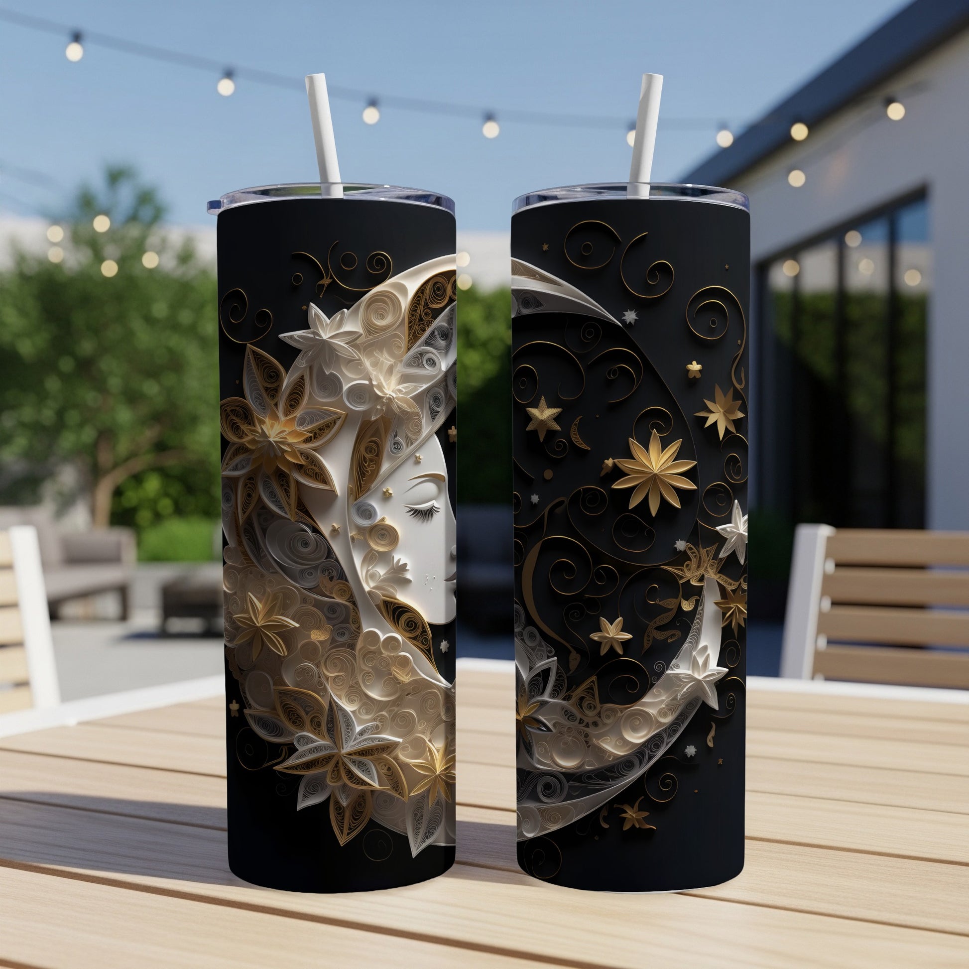 Black tumbler with celestial moon face and gold star design.