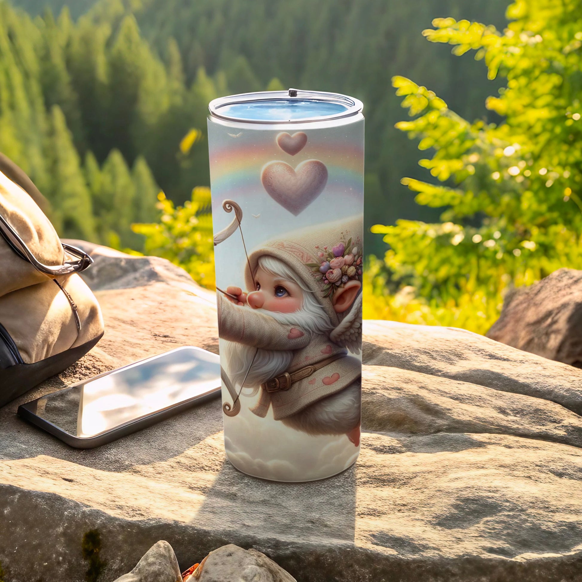 Cute Gnome with Hearts and Rainbow Travel Tumbler