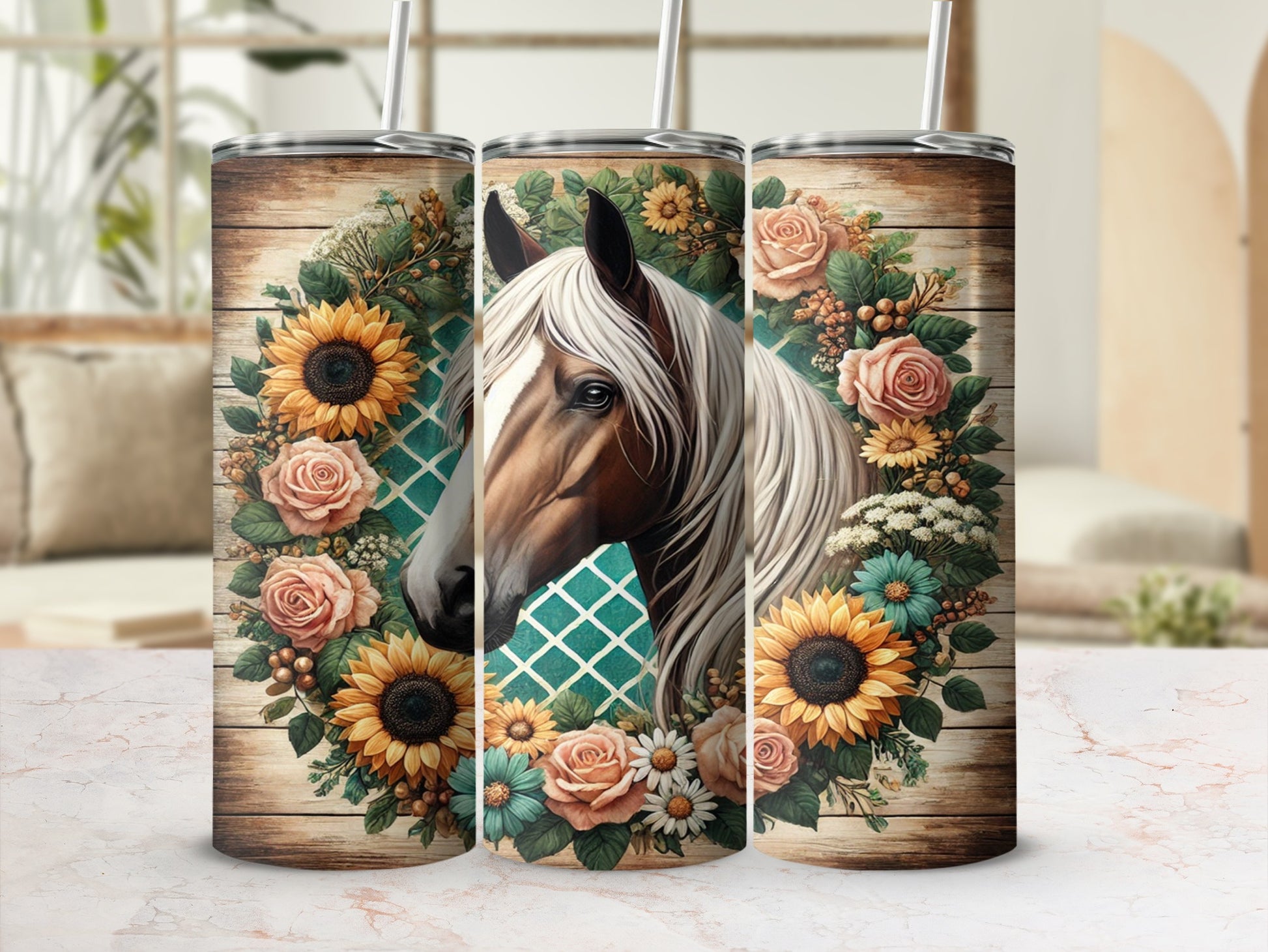 Floral Horse Artwork With Sunflowers and Roses Tumbler