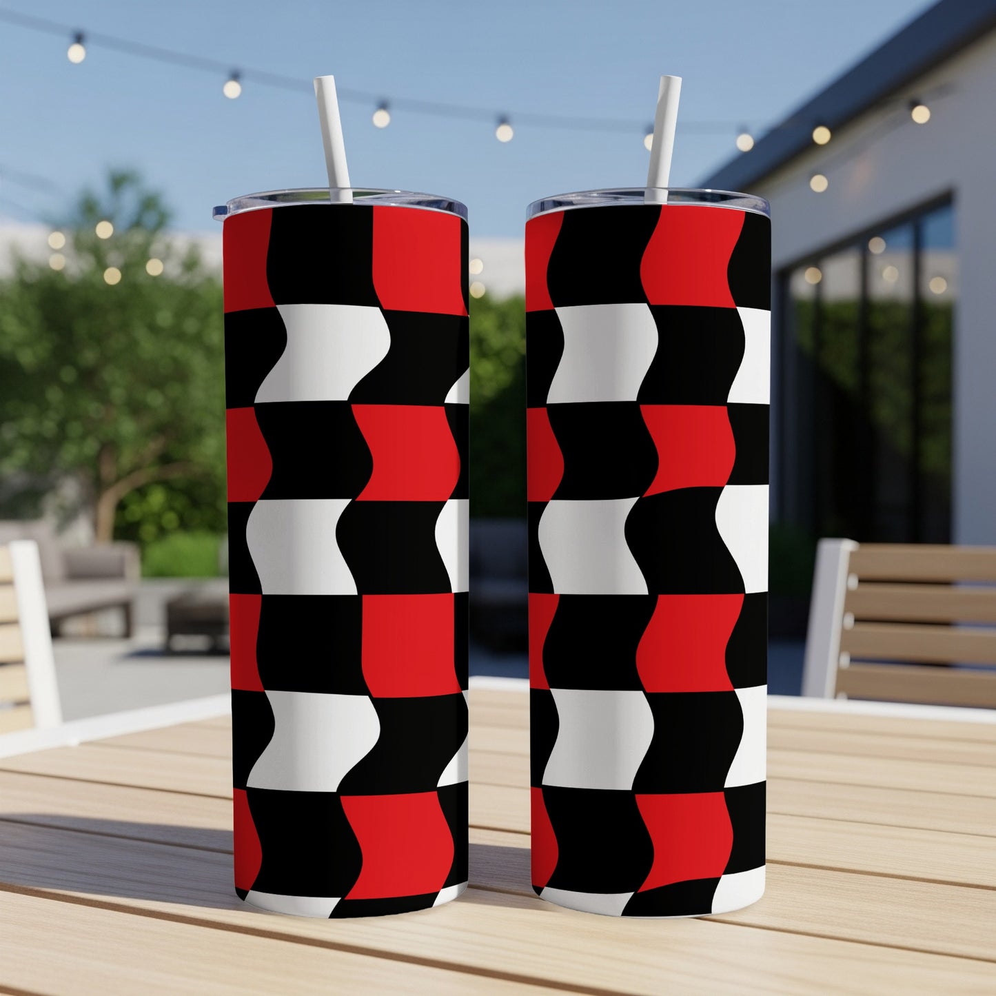 Two tall tumblers with a black, white, and red checkered wave pattern.