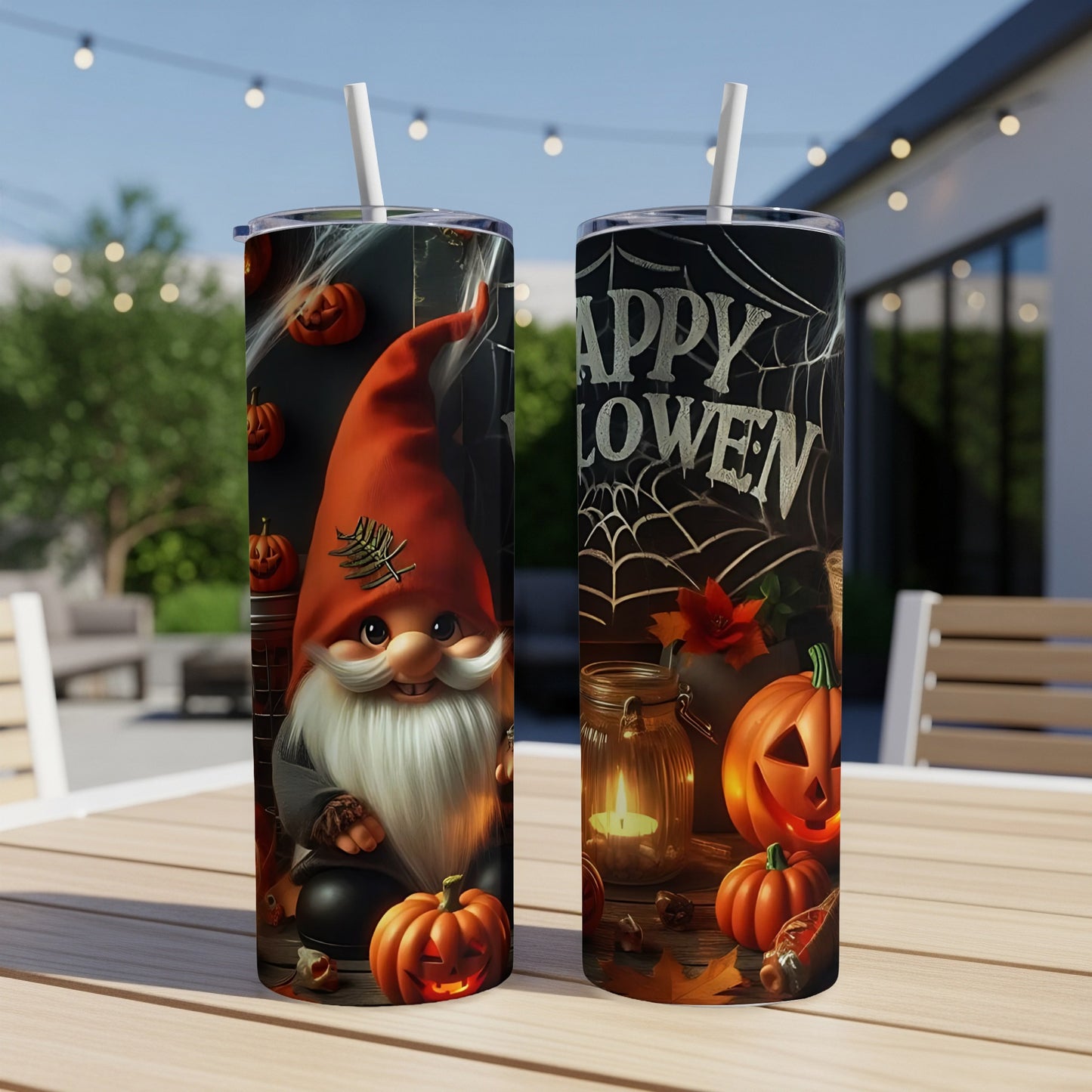 Two Halloween-themed tumblers, one with a gnome and pumpkins, another with "Happy Halloween" text.