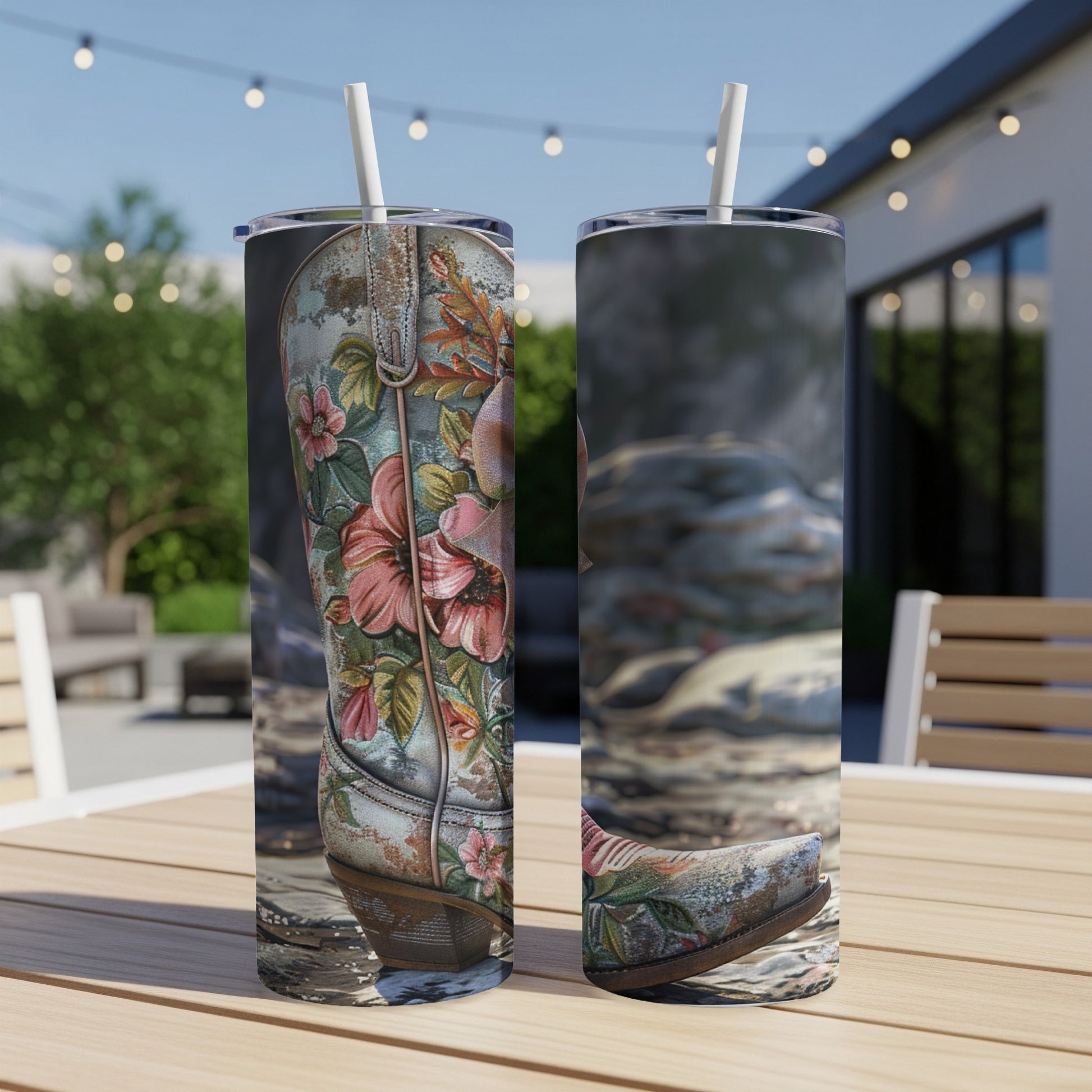 Two tumblers with floral cowboy boot design, placed on a wooden table outdoors.