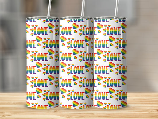White tumblers with repeating rainbow heart and "LOVE" pattern.