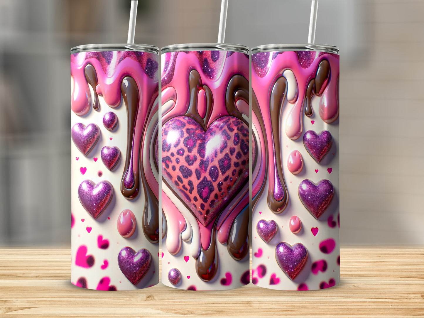 Valentine's Day! Leopard Heart with Flowing Chocolate Pink Icing Tumblers