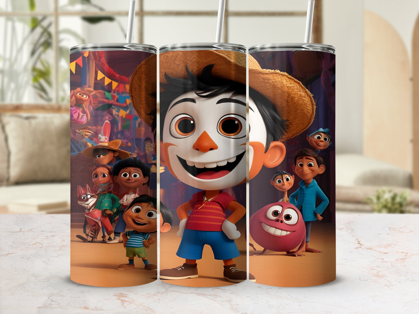 Animated boy with straw hat and colorful friends on a tumbler.