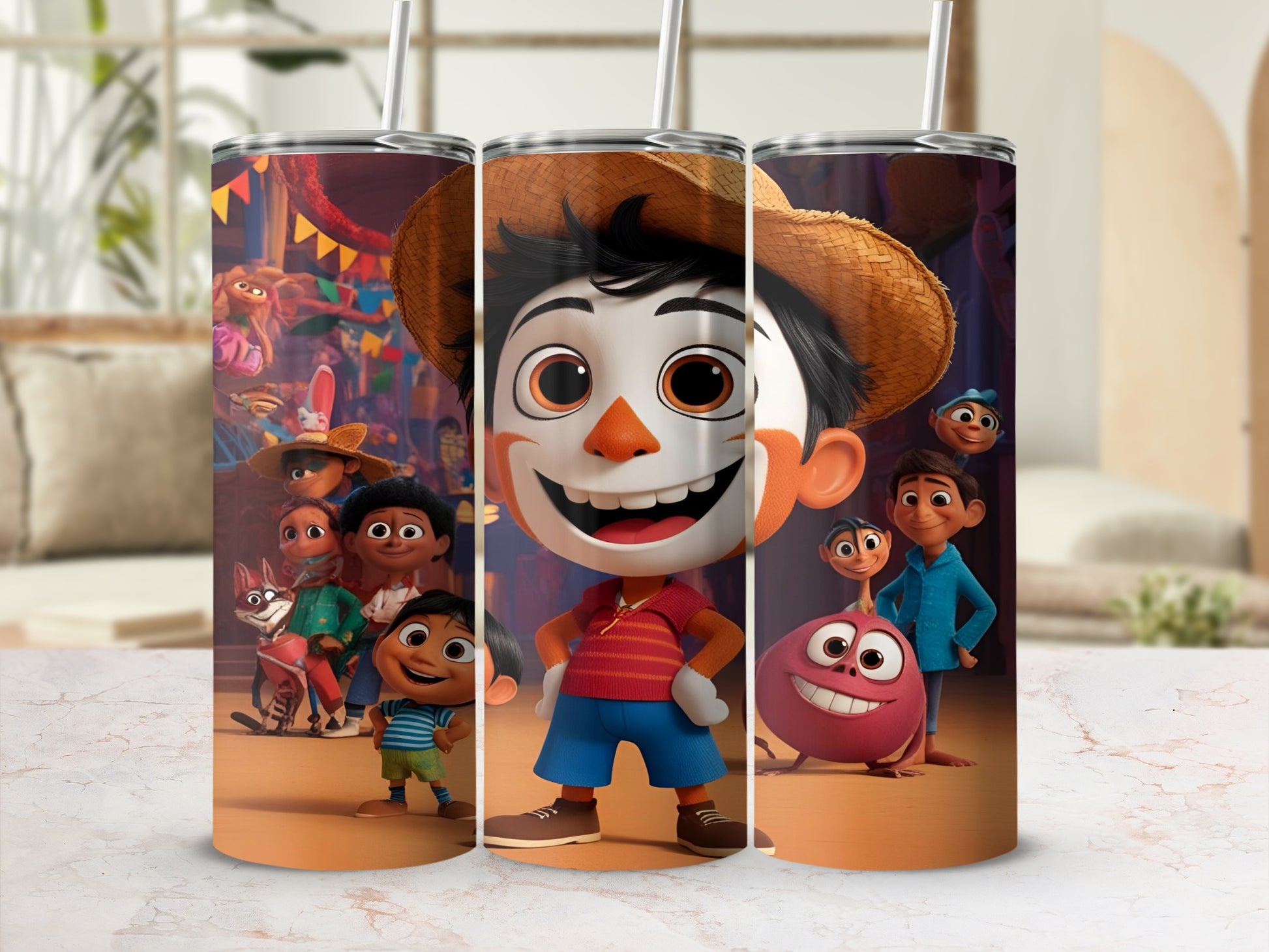 Animated boy with straw hat and colorful friends on a tumbler.