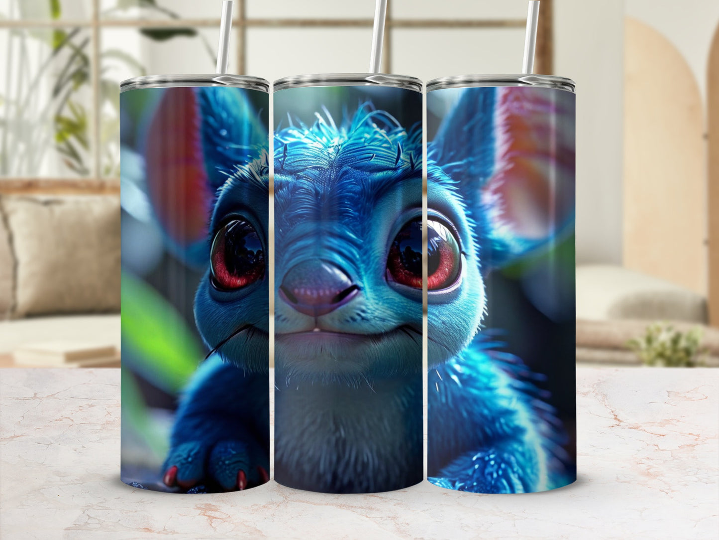 Three tumblers with Stitch from Lilo & Stitch design.