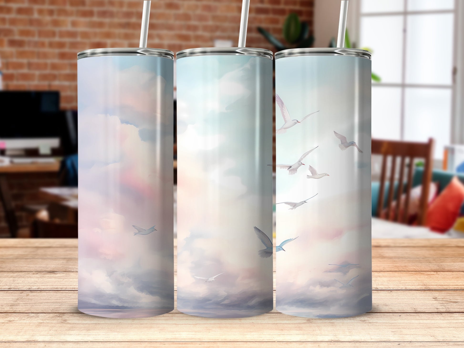 Cloudy Sky Flying Birds Artistic Pastel Horizon Tumbler product type