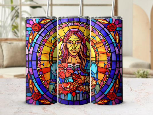 Three colorful tumblers with stained glass depictions of a woman holding flowers.