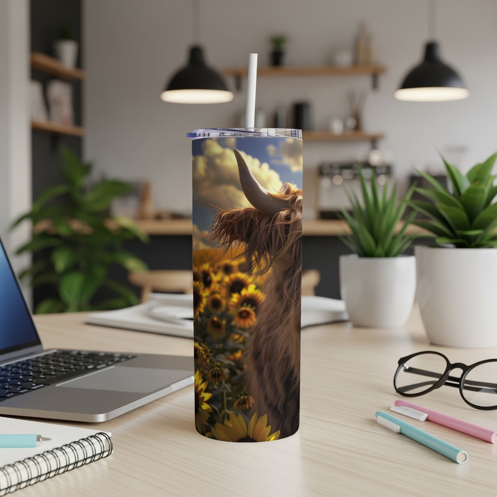 Highland cow with sunflowers on a tumbler on a desk.
