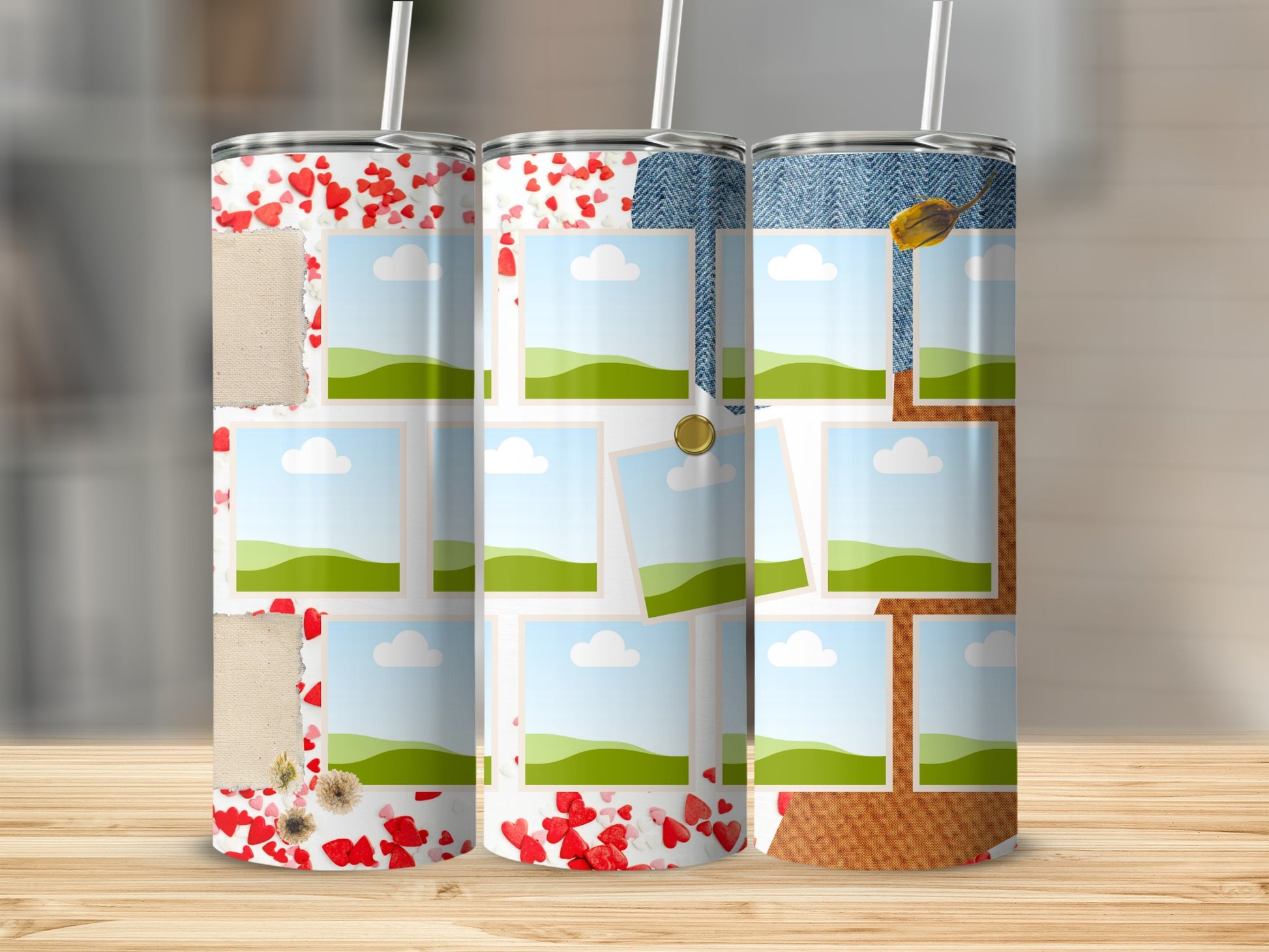 Three tumblers with collage designs featuring photo placeholders and heart accents.