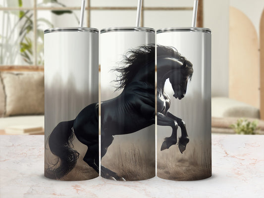 Black horse rearing up in a field, shown on three tumblers.