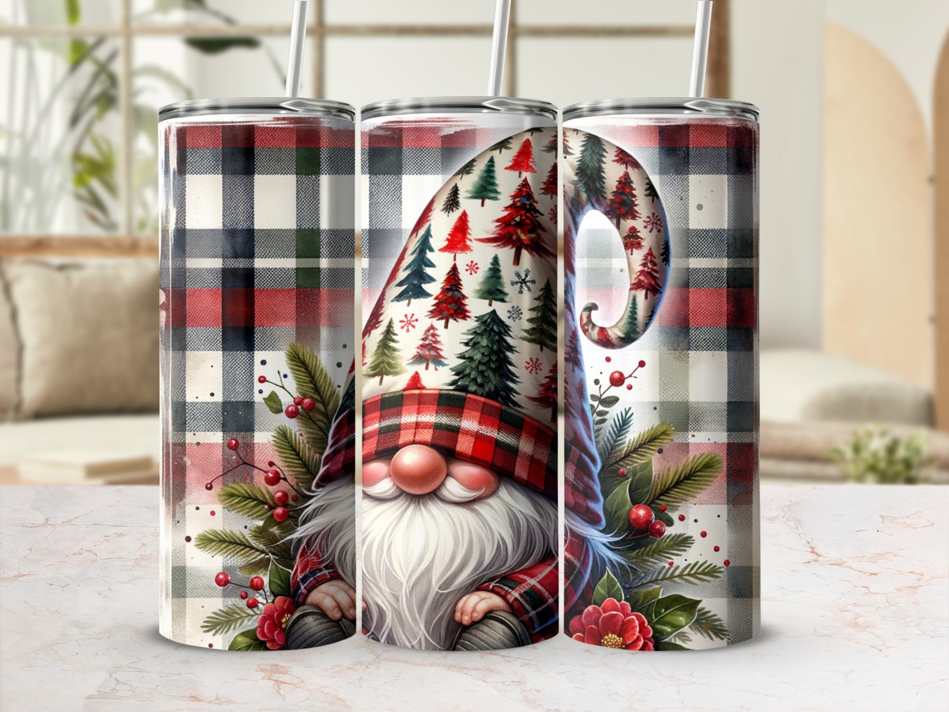 Tartan gnome with Christmas trees and berries on a tumbler.