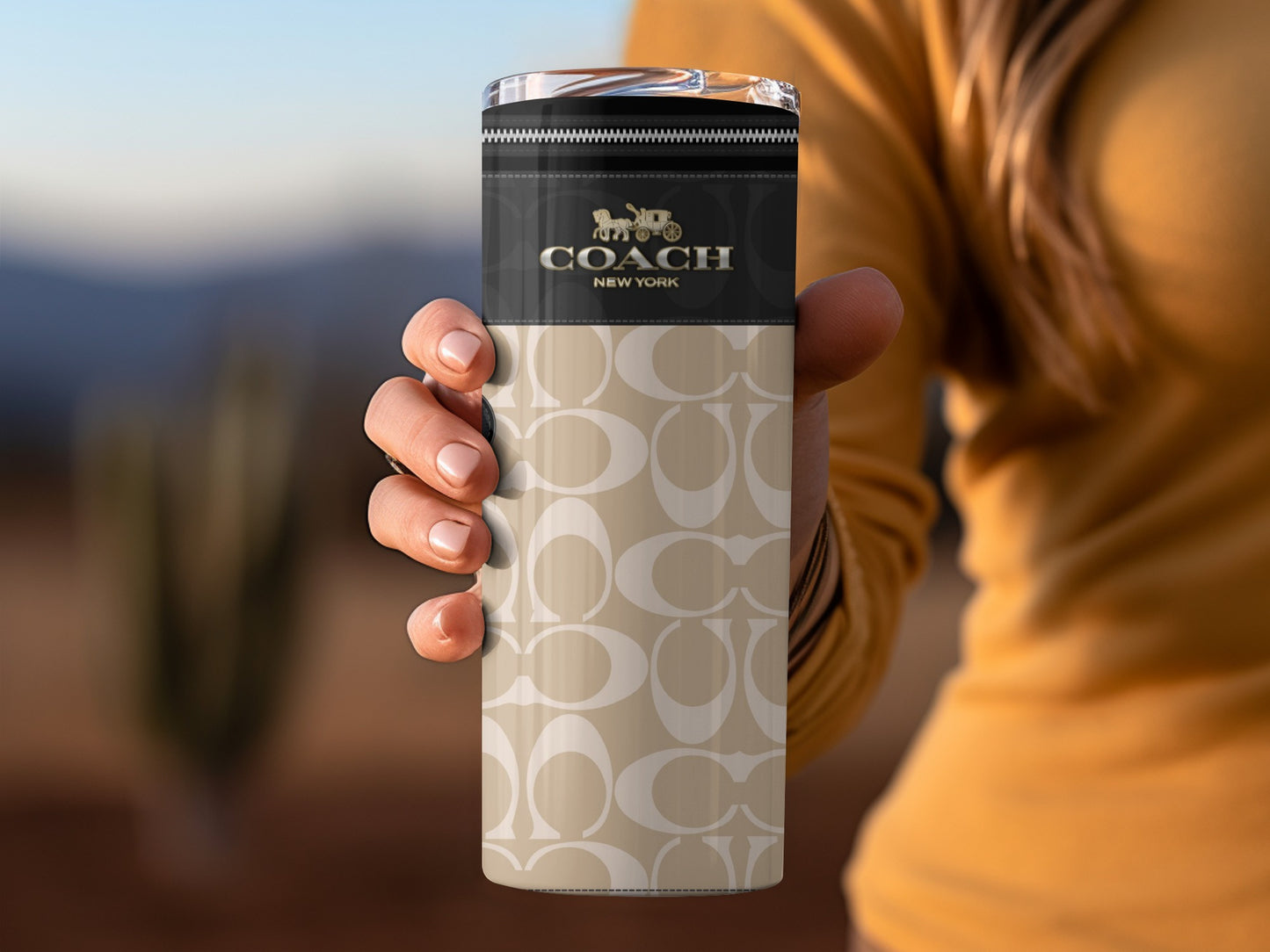 Beige Coach Signature Pattern Travel Mug