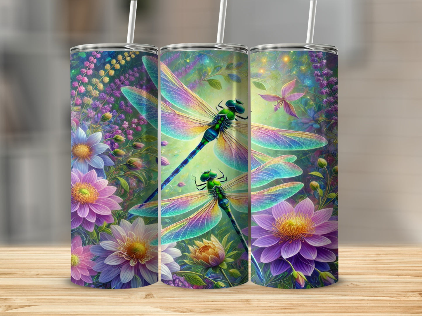 Colorful Dragonfly and Floral Artwork on Tumbler Product