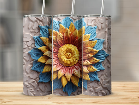 Three tumblers with embossed sunflower designs in yellow and blue.