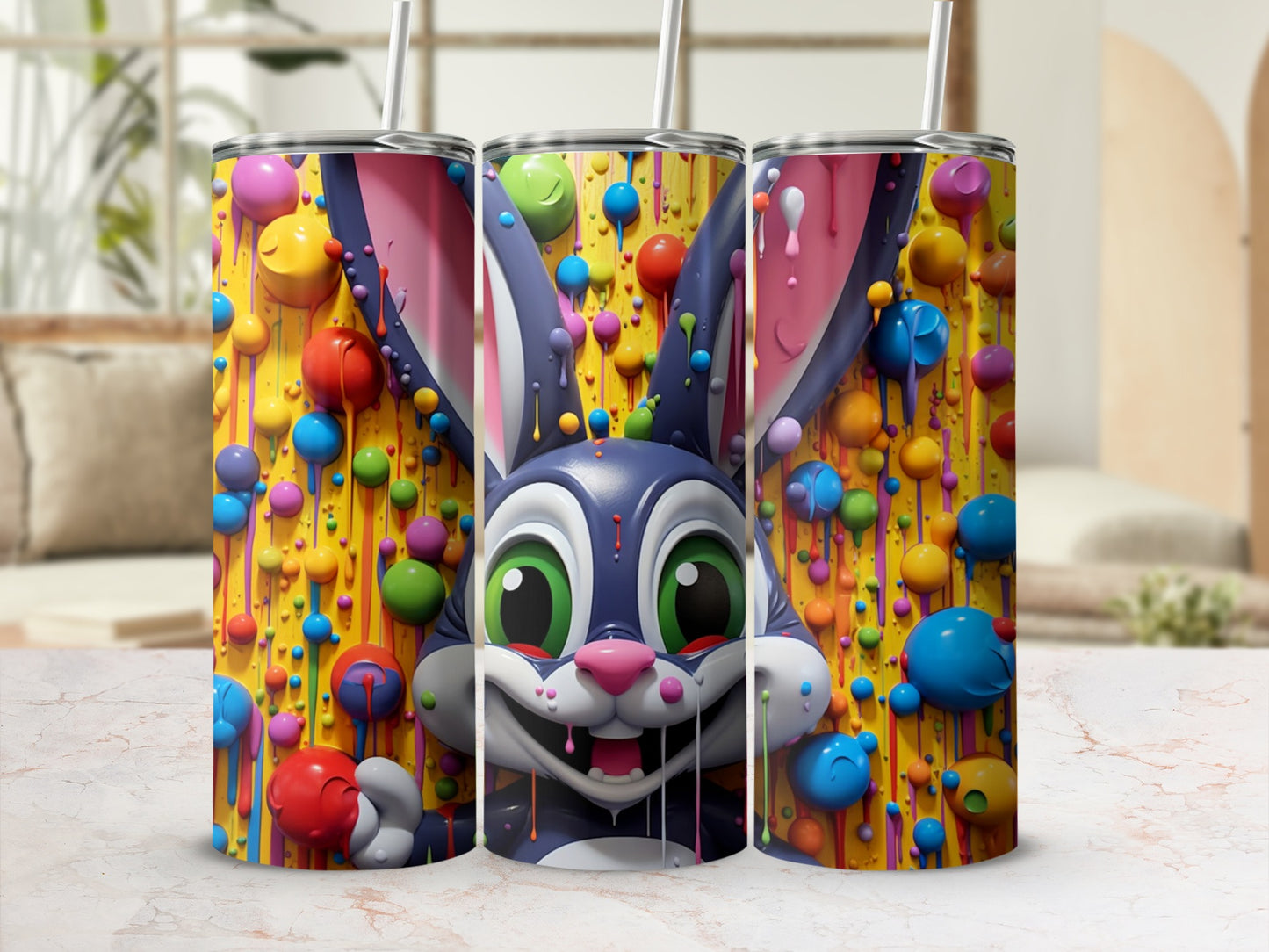 Colorful Cartoon Bunny with Paint Splashes Tumbler