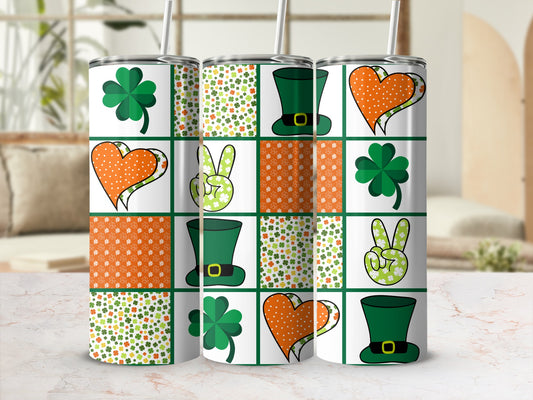 St. Patrick's Day themed tumbler with shamrocks, hearts, and peace signs.